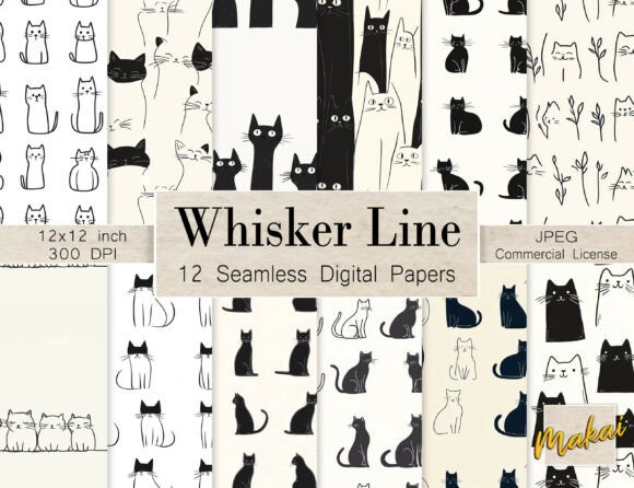 12 Seamless Cat Line Art Patterns