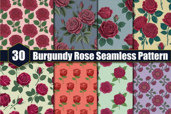 30 Burgundy Rose Seamless Patterns