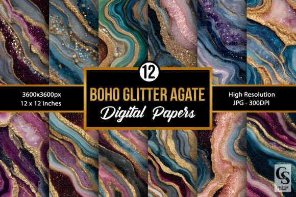 Boho Glitter Agate Seamless Patterns