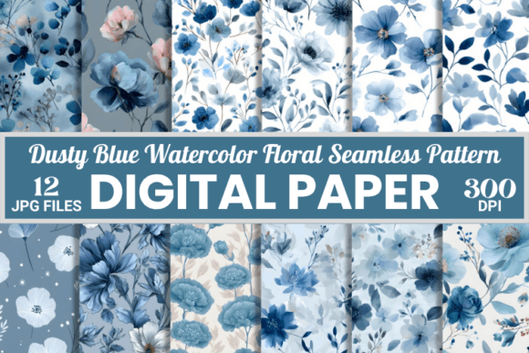 Dusty Blue Watercolor Floral Patterns
