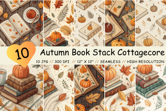 Elevate Your Crafts with Autumn Book Stack Cottagecore Patterns and Flowers Premium Digital Papers