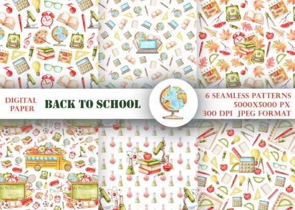 School Seamless Patterns, Digital Paper: Elevating Back-to-School Design with Hand-Painted Watercolor Aesthetics