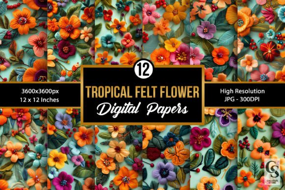 Tropical Felt Flowers Seamless Patterns
